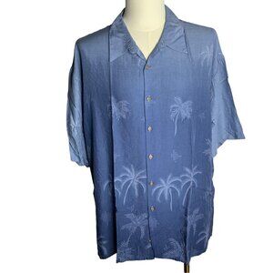 Pierre Cardin Button Up Hawaiian Shirt XXL Blue Camp Short Sleeve Palm Trees